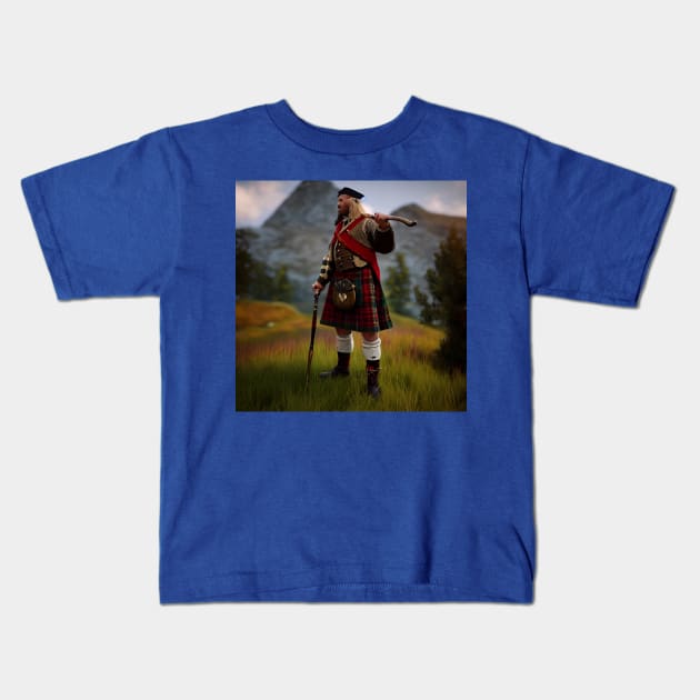 Scottish Highlander in Clan Tartan Kids T-Shirt by Grassroots Green